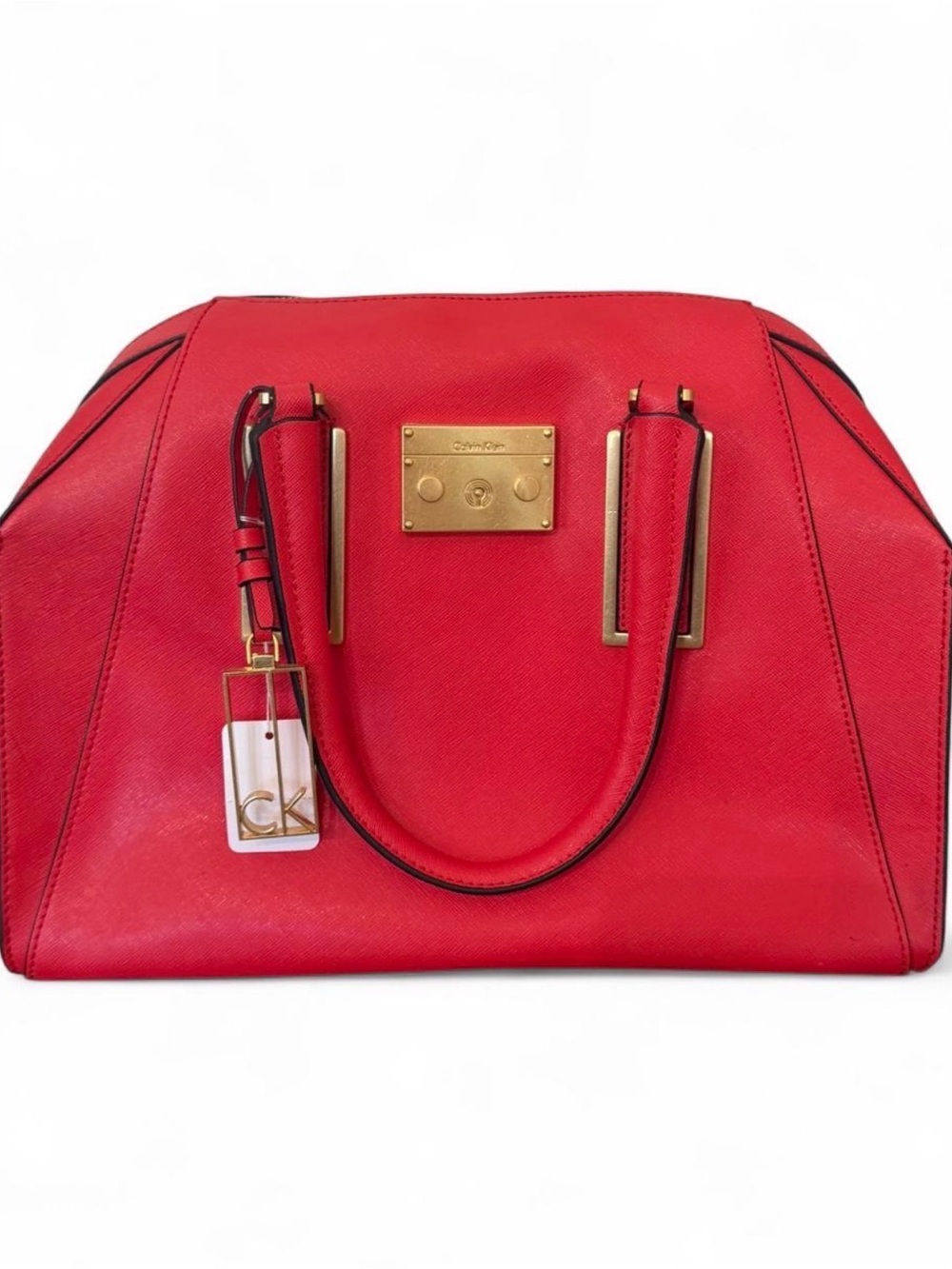NWOT Calvin Klein Red Faux Leather Saffiano Crosshatch Satchel with Gold Accent
